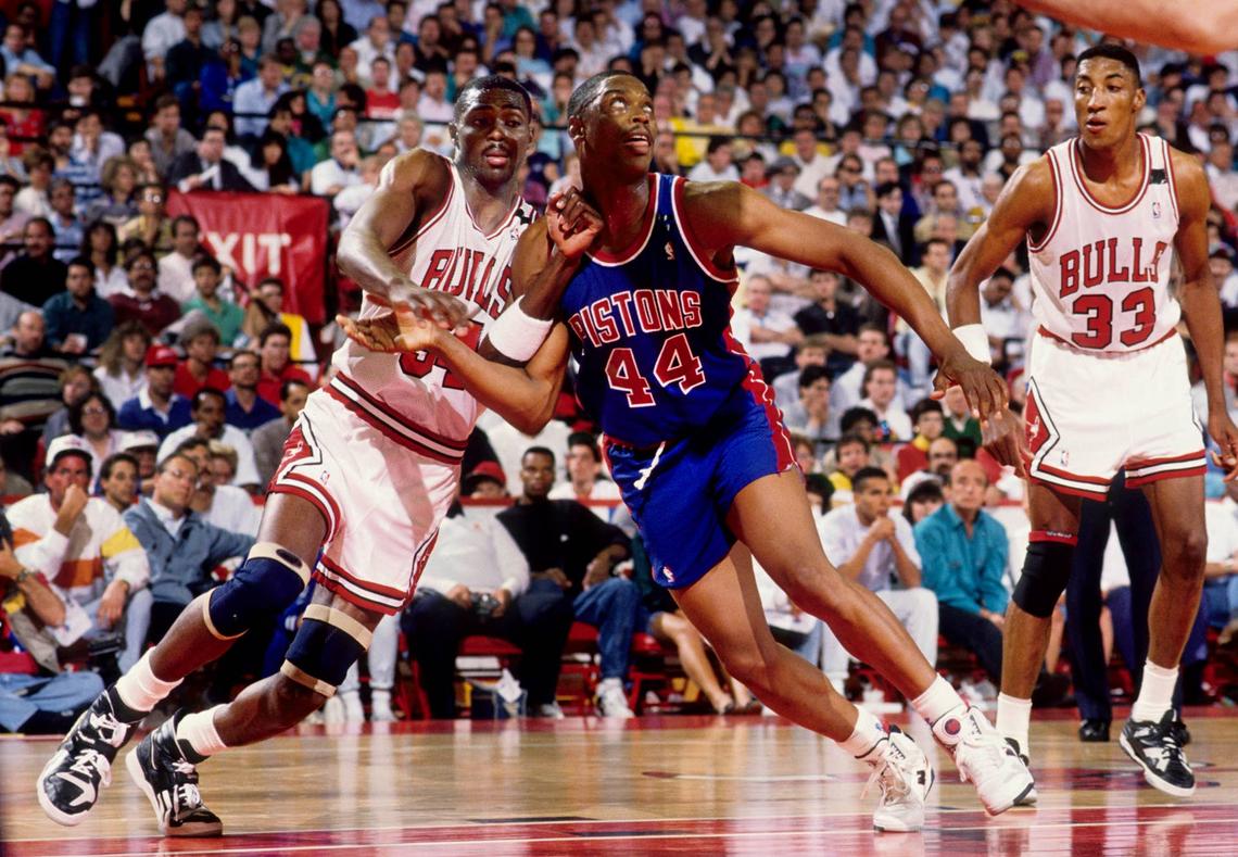  Chicago Bulls forward Horace Grant battles for position against Detroit Pistons forward Rick Mahorn during the 1988-89 NBA Eastern Conference Finals. MPS-Imagn Images