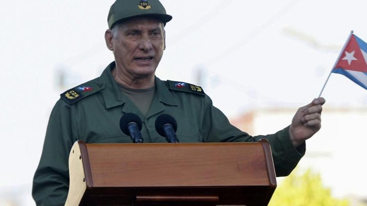 Cuban President Miguel Diaz-Canel speaks at an event commemorating the 65th anniversary of the proclamation of the socialist character of the Cuban Revolution, in Havana on April 16.