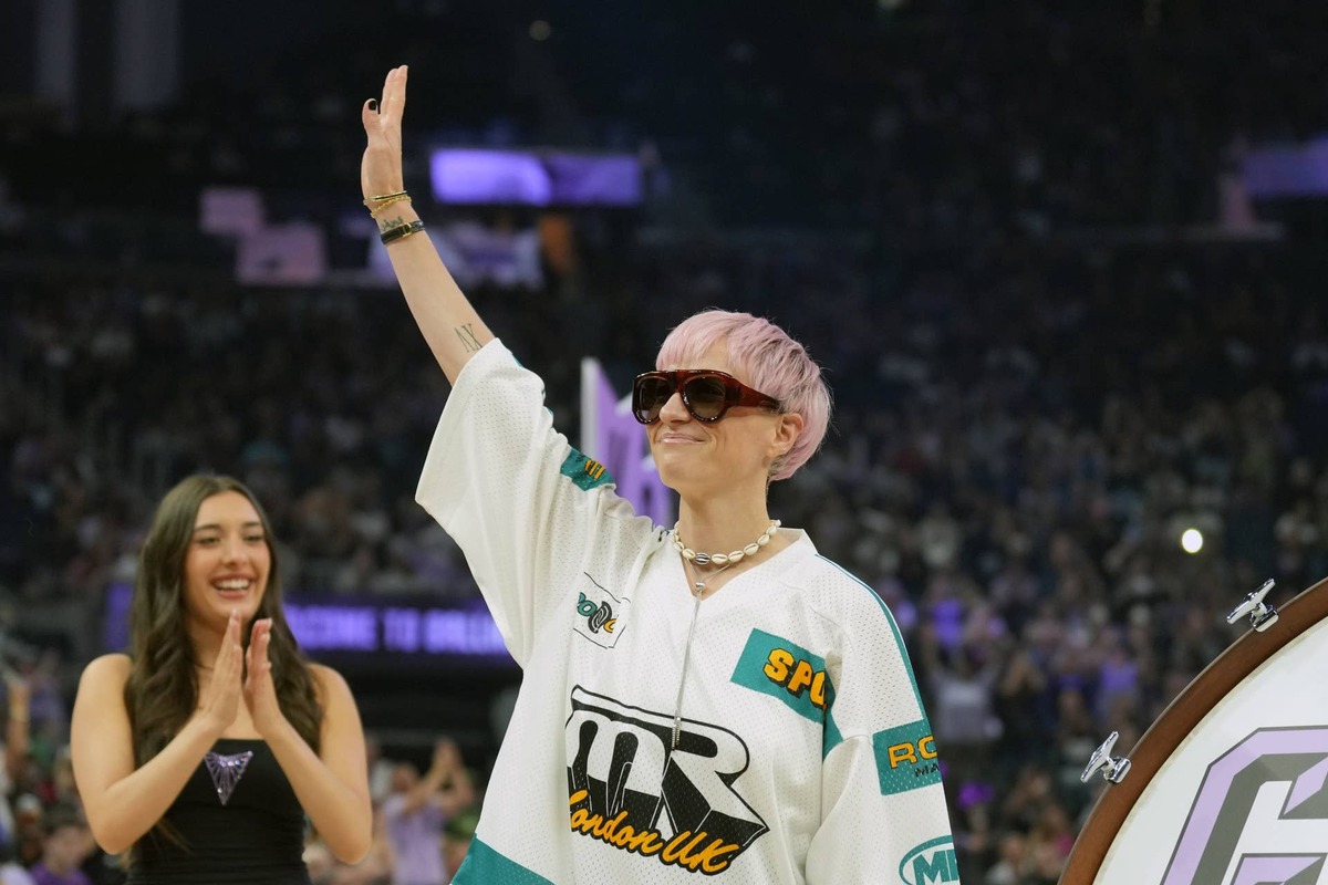  Jun 29, 2025; San Francisco, California, USA; Former US Soccer player Megan Rapinoe is introduced to the crowd before the game against the Seattle Storm at Chase Center. Mandatory Credit: Darren Yamashita-Imagn Images 