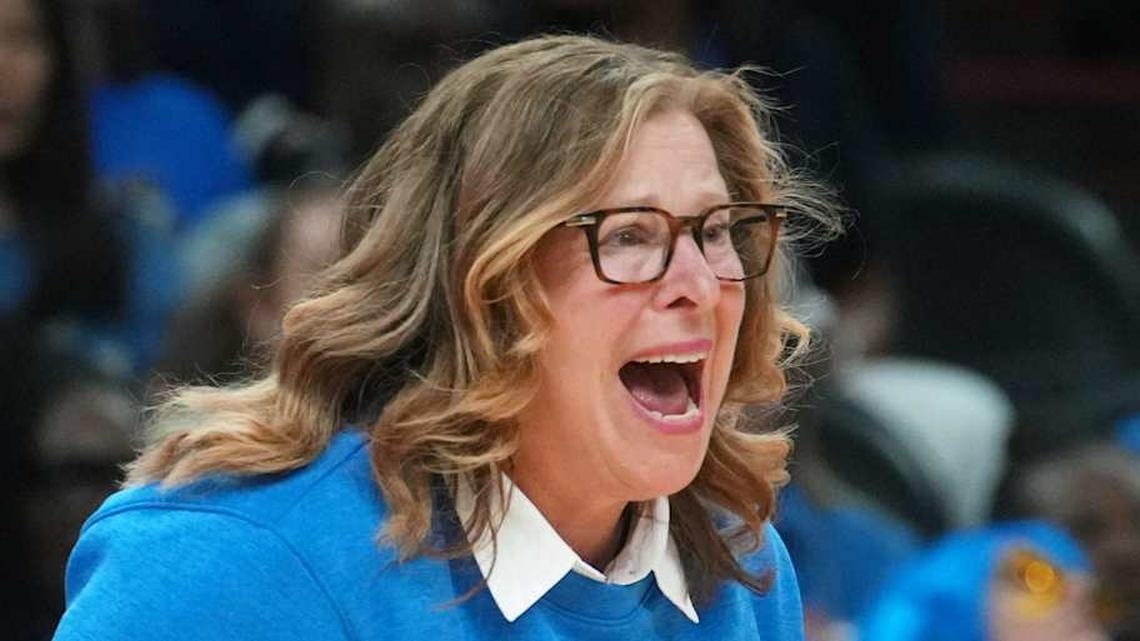  UCLA Bruins head coach Cori Close yells out to her team as they play the South Carolina Gamecocks in the NCAA women's basketball national championship at Mortgage Matchup Center in Phoenix on April 5, 2026. | Joe Rondone/The Republic / USA TODAY NETWORK via Imagn Images 