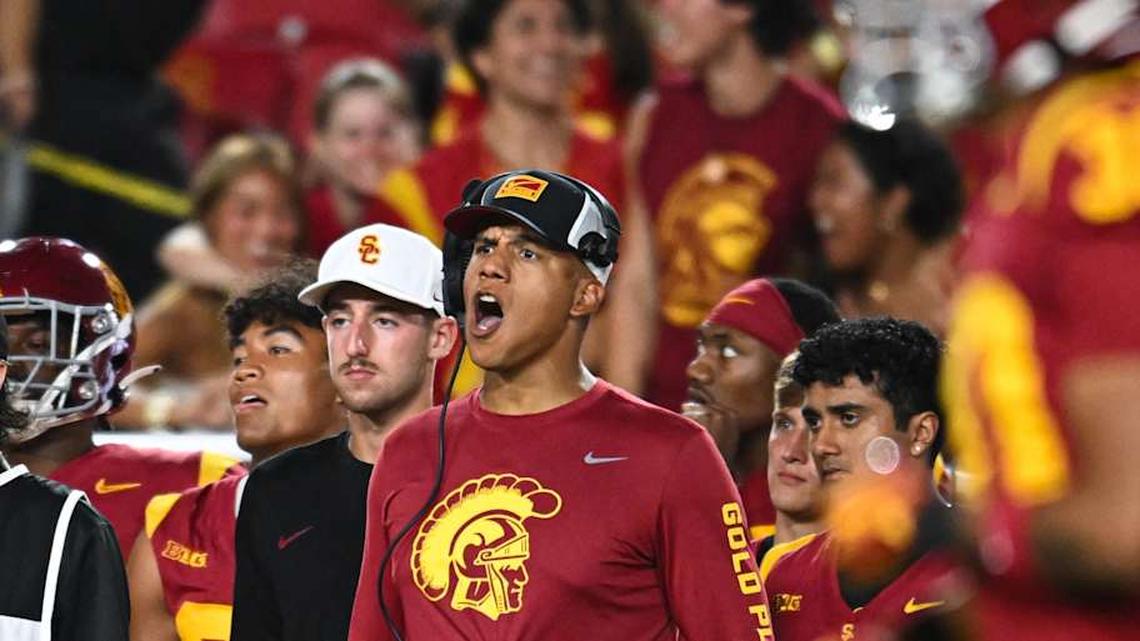  Sep 7, 2024; Los Angeles, California, USA; USC Trojans defensive coordinator D'Anton Lynn reacts against the Utah State Aggies during the fourth quarter at United Airlines Field at Los Angeles Memorial Coliseum. | Jonathan Hui-Imagn Images 