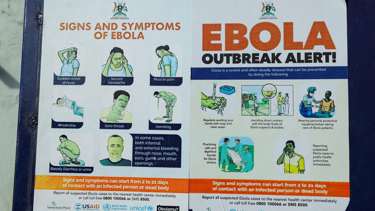An advocacy poster against the spread of Ebola virus is placed along the walkway at the Platinum Medical Centre, as aid agencies intensify efforts to contain a new Ebola outbreak involving the Bundibugyo Virus in Kampala, Uganda, May 26, 2026. REUTERS/Abubaker Lubowa