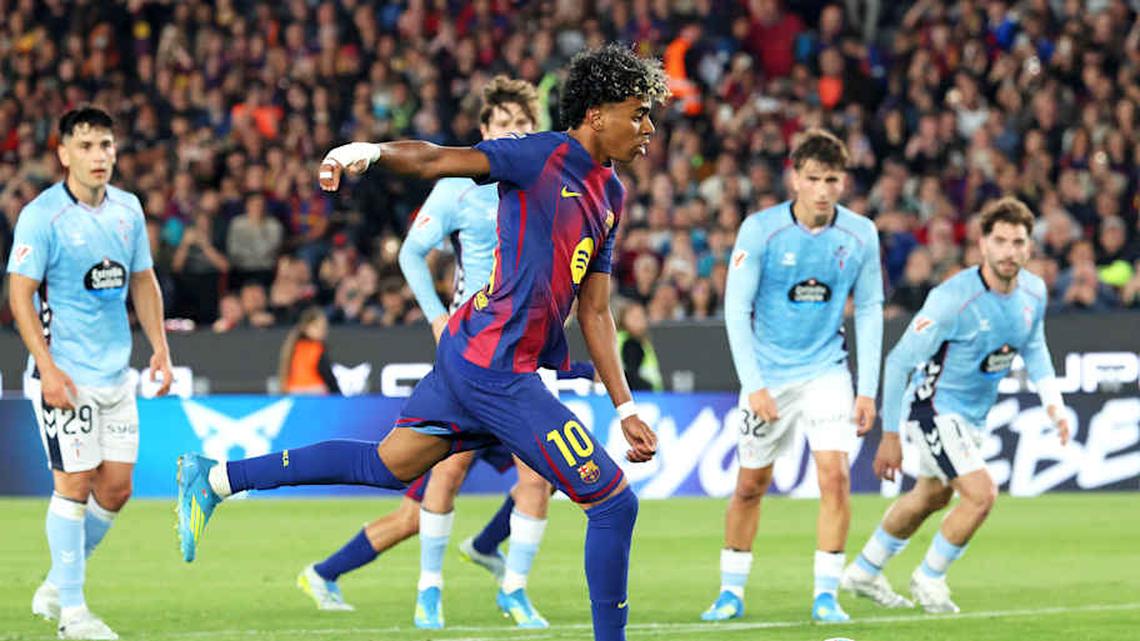  Yamal went down after scoring a penalty. | Joan Valls/Urbanandsport/NurPhoto/Getty Images 