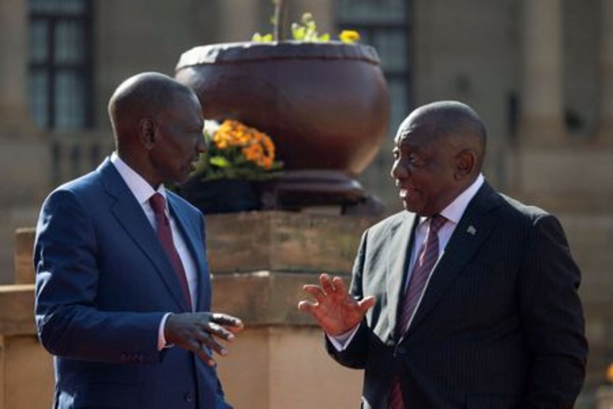 Kenyan President William Ruto and South African President Cyril Ramaphosa speak during the official welcome ceremony for Ruto's state visit, aimed at deepening economic, political, and strategic ties, at the Union Buildings in Pretoria, South Africa, June 4, 2026.  REUTERS/Alet Pretorius