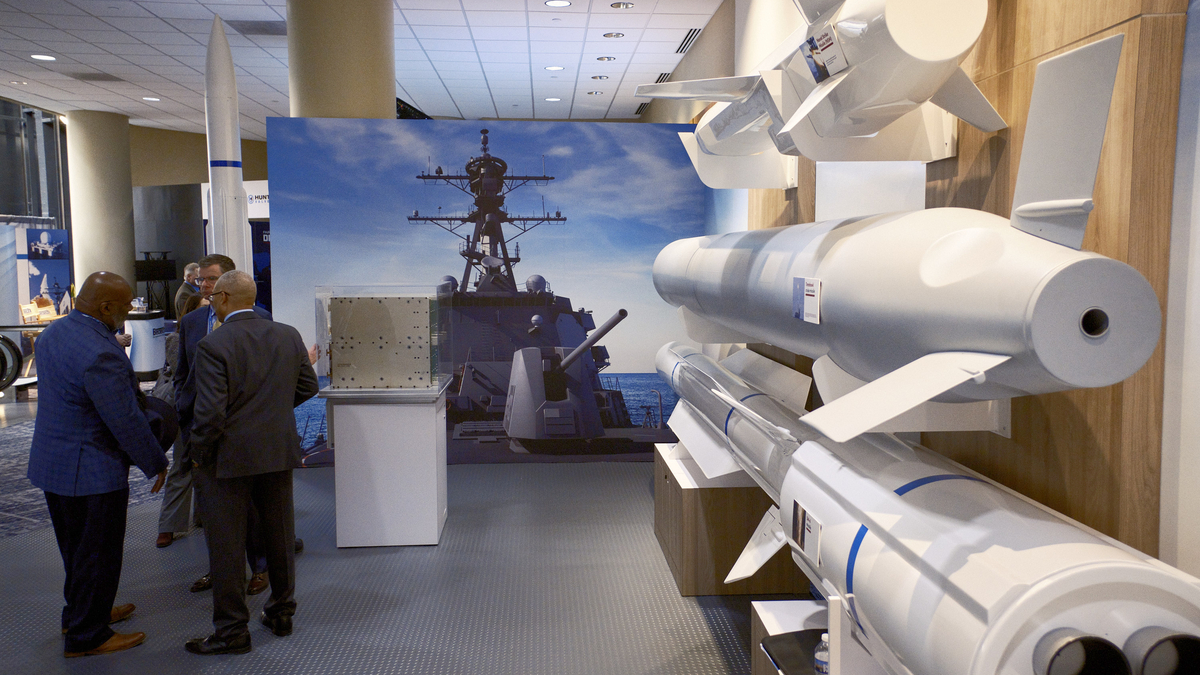 A display showcasing Tomahawks and other missiles at a Navy symposium in Arlington, Va., on Jan. 11, 2023. President Donald Trump and senior Pentagon officials sought to solve the country's munitions shortage by approaching the problem from two directions in meetings this week.