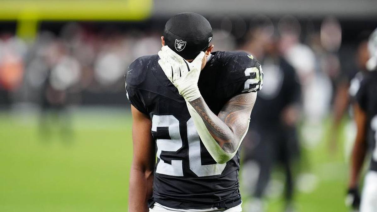  Nov 2, 2025; Paradise, Nevada, USA; Las Vegas Raiders safety Isaiah Pola-Mao (20) reacts after the loss against the Jacksonville Jaguars at Allegiant Stadium. Mandatory Credit: Stephen R. Sylvanie-Imagn Images | Stephen R. Sylvanie-Imagn Images 