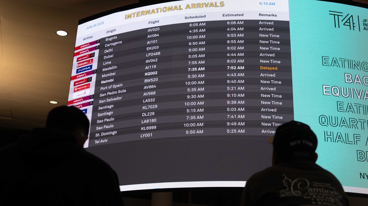 President Trump Signs Proclamation Banning Travel From 12 Countries. An information board showing international arrivals at John F. Kennedy International Airport on June 9, 2025 in New York City. 