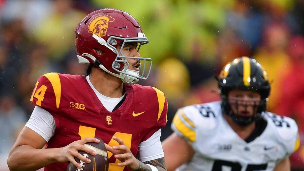  Nov 15, 2025; Los Angeles, California, USA; Southern California Trojans quarterback Jayden Maiava (14) moves out to pass against the Iowa Hawkeyes during the first half at the Los Angeles Memorial Coliseum. Mandatory Credit: Gary A. Vasquez-Imagn Images | Gary A. Vasquez-Imagn Images 