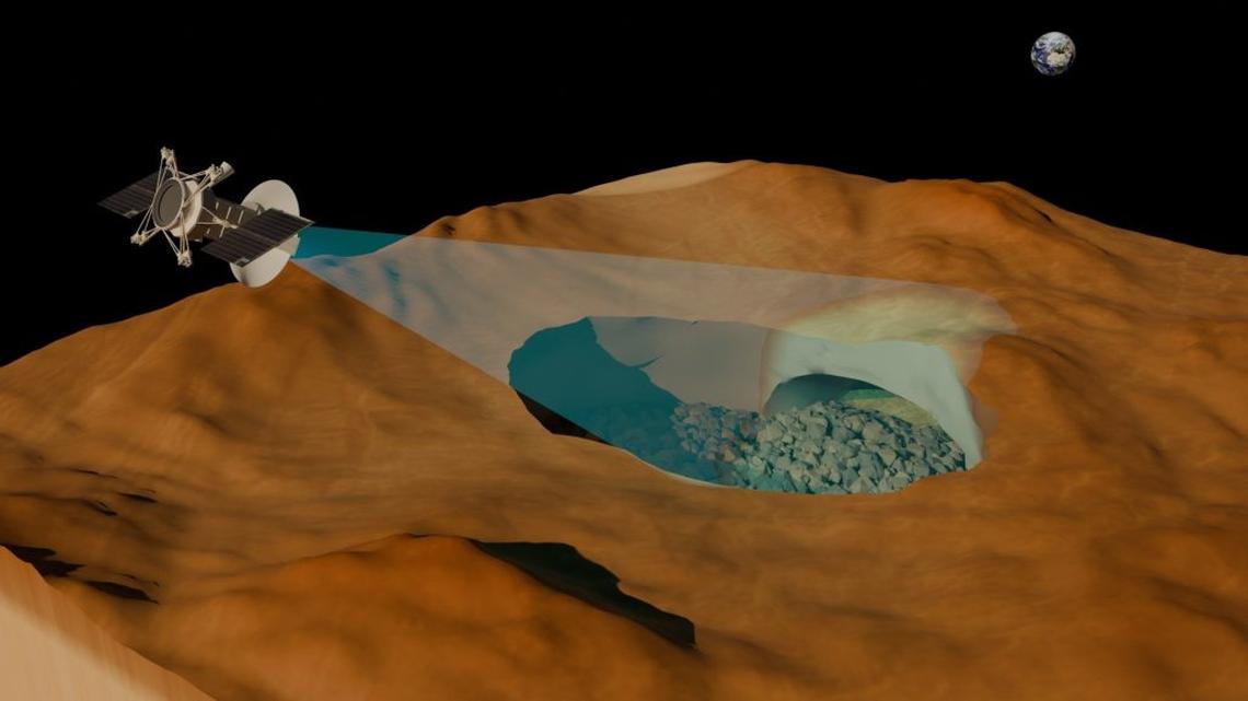  Venus skylight in the Nyx Mons region reveals a subsurface cave, hypothesized to be a lava tube. (RSLab, University of Trento via SWNS) 