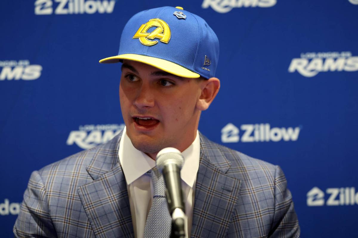  Los Angeles Rams first-round draft pick Ty Simpson speaks to media during a press conference. Kiyoshi Mio-Imagn Images