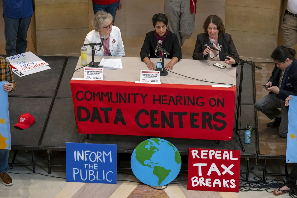  Data center opponents speak at a rally at the Minnesota State Capitol. Michael Siluk/UCG/Universal Images Group via Getty Images 
