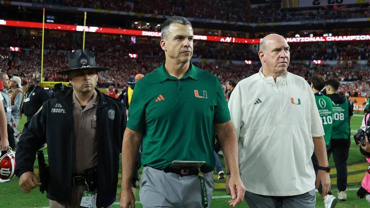  Jan 19, 2026; Miami Gardens, FL, USA; Miami Hurricanes head coach Mario Cristobal reacts after the College Football Playoff National Championship game at Hard Rock Stadium. Mandatory Credit: Mark J. Rebilas-Imagn Images | Mark J. Rebilas-Imagn Images 