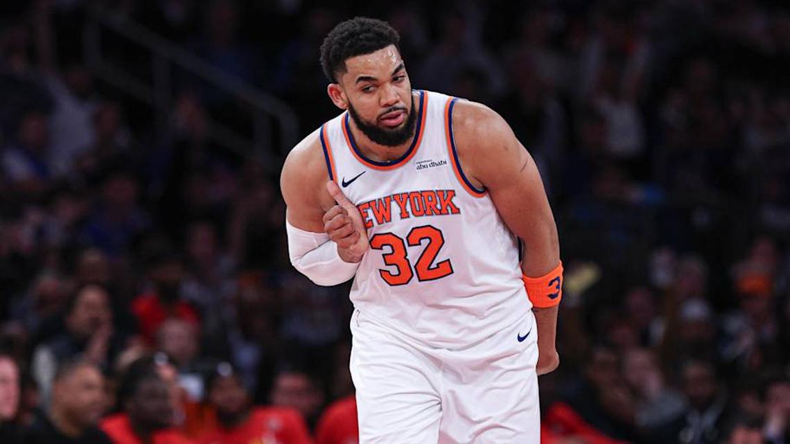  Apr 18, 2026; New York, New York, USA; New York Knicks center Karl-Anthony Towns (32) reacts after making a three point basket during the second half of the 2026 NBA Playoffs against the Atlanta Hawks at Madison Square Garden. | Vincent Carchietta-Imagn Images 