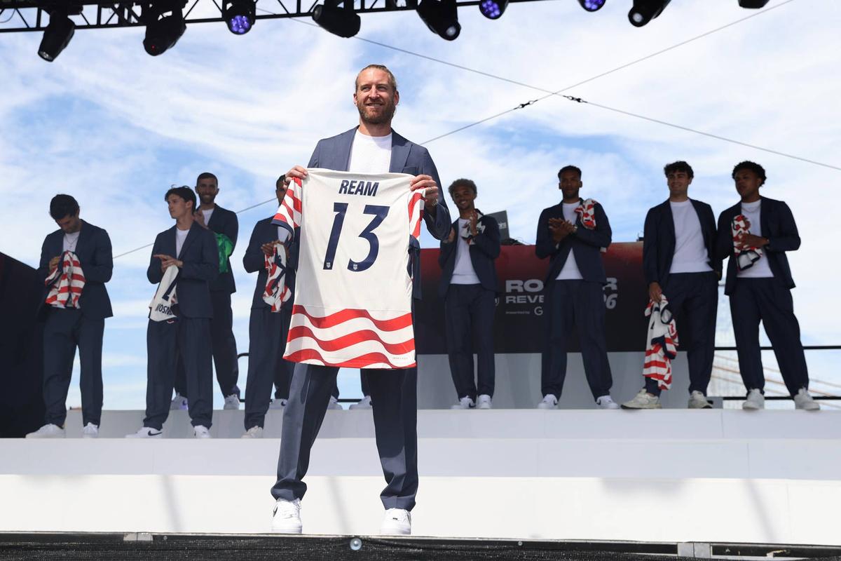  May 26, 2026; New York, New York, USA; Tim Ream poses for photos during the United States men's national team roster reveal for the 2026 FIFA World Cup at The Rooftop at Pier 17. Mandatory Credit: Pamela Smith-Imagn Images 