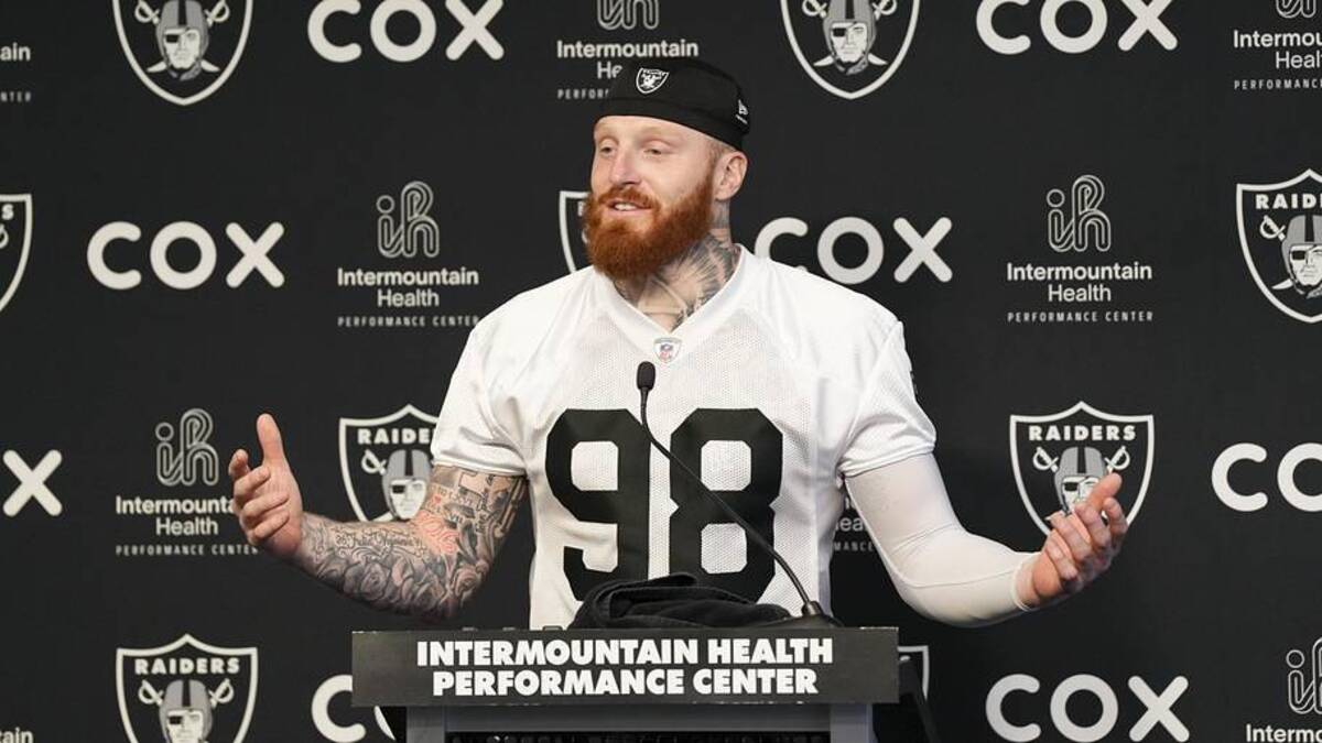  Jun 3, 2026; Henderson, NV, USA; Las Vegas Raiders defensive end Maxx Crosby (98) speaks during a news conference during organized team activities at Intermountain Health Performance Center. Mandatory Credit: Candice Ward-Imagn Images | Candice Ward-Imagn Images 