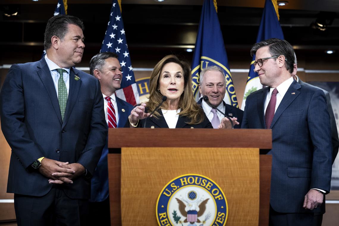 FILE -- From left, Rep. Nick LaLota (R-N.Y.), Rep. Zach Nunn (R-Iowa), Rep. Lisa McClain (R-Mich.), House Majority Leader Steve Scalise (R-La.), and House Speaker Mike Johnson (R-La.) during a news conference on Capitol Hill in Washington, Oct. 15, 2025. Weighed down by President Trump's approval ratings, some Republican incumbents are struggling to raise money while Democrats look for targets like a Tennessee seat south of Nashville. (Haiyun Jiang/The New York Times)