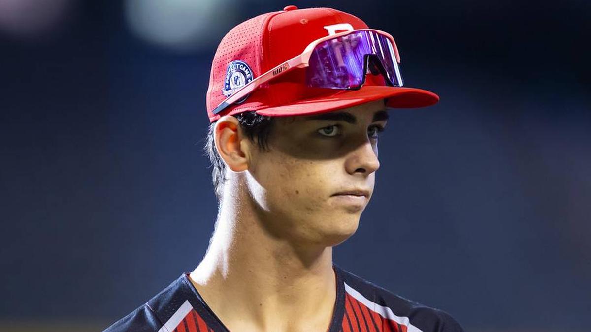  Aug 28, 2022; Phoenix, Arizona, US; West outfielder Will Gasparino (23) during the Perfect Game All-American Classic high school baseball game at Chase Field. Mandatory Credit: Mark J. Rebilas-Imagn Images | Mark J. Rebilas-Imagn Images 