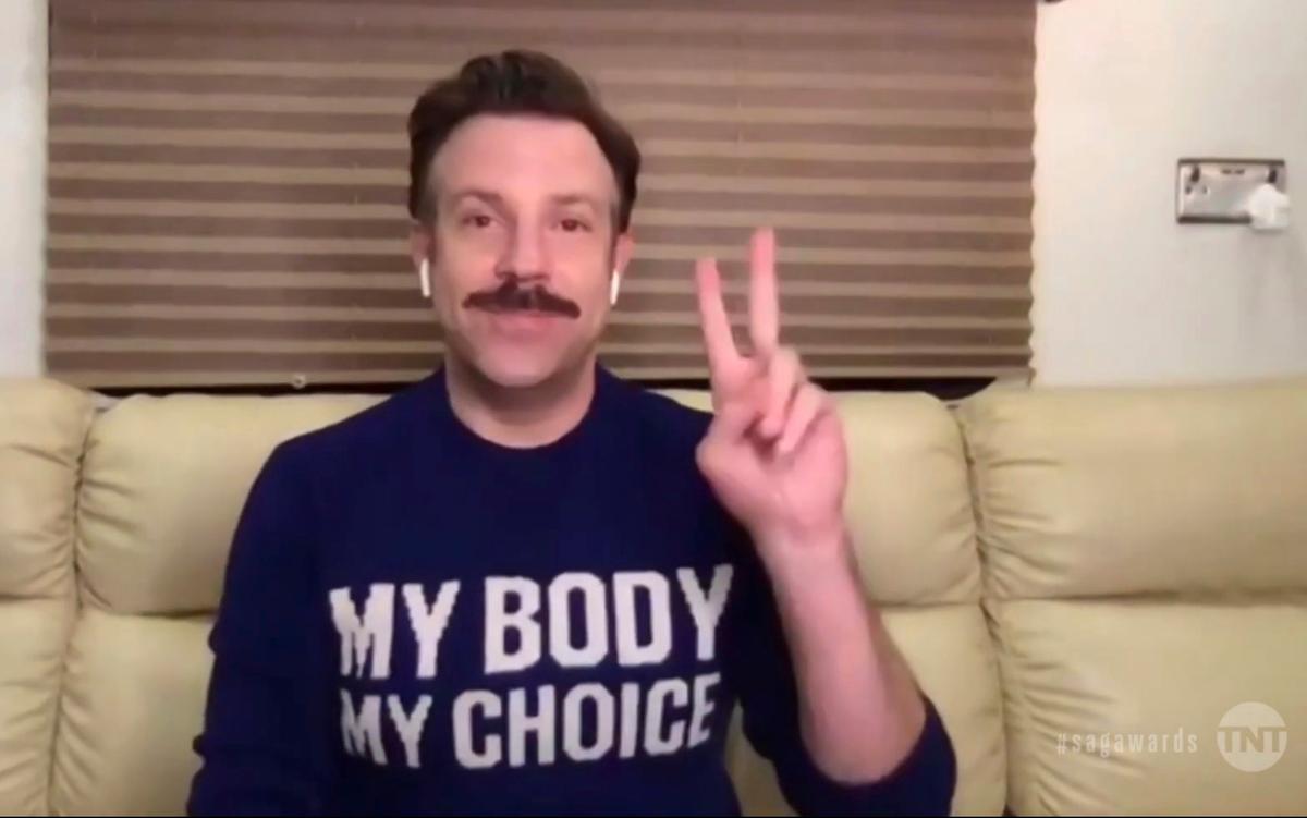 Jason Sudeikis accepts the award for outstanding performance by a male actor in a comedy series for “Ted Lasso” during the 27th annual Screen Actors Guild Awards on Sunday.