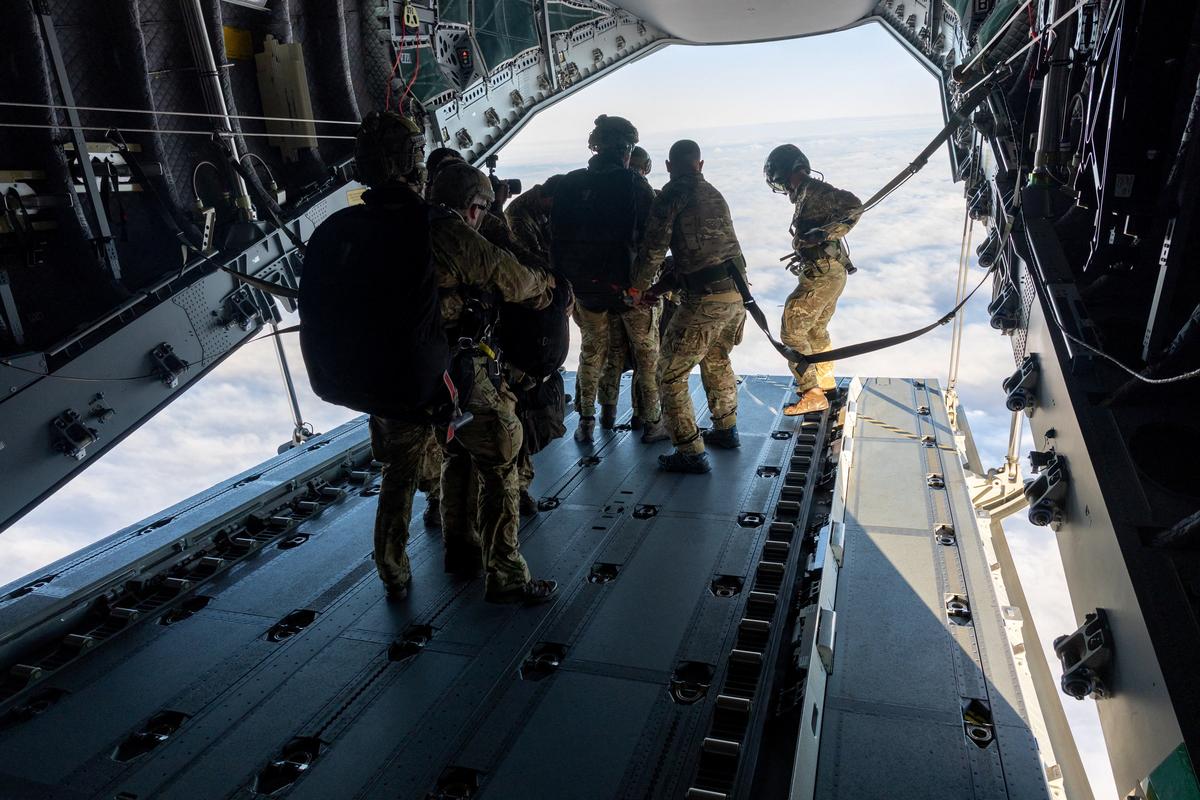 RAF A400 drops air assault paras and medical supplies into British Overseas Territory from Ascension Island to provide medical support to people, after the UK Health Security Agency (UKHSA) on Friday confirmed one suspected case of Hantavirus of a British national on Tristan da Cunha, Britain, May 9, 2026. Cpl Sarah Barsby RAF/UK MOD Crown/Handout via REUTERS