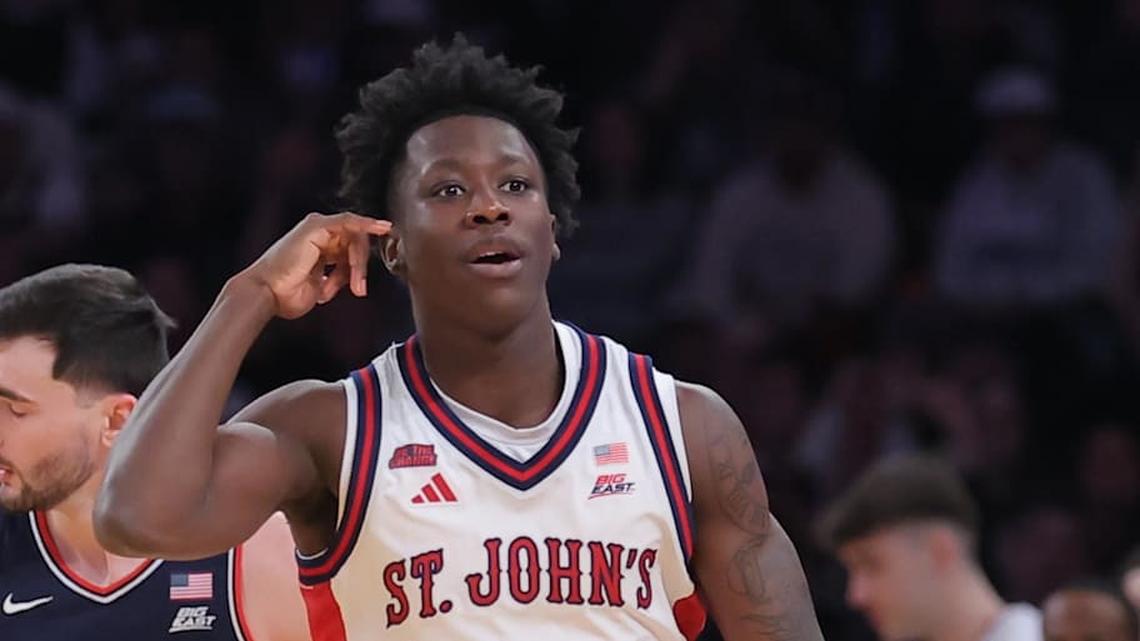  Mar 14, 2026; New York, NY, USA; St. John's Red Storm guard Joson Sanon (3) reacts after a made basket against the Connecticut Huskies during the first half of the men's Big East Conference Tournament Championship at Madison Square Garden. Mandatory Credit: Brad Penner-Imagn Images | Brad Penner-Imagn Images 