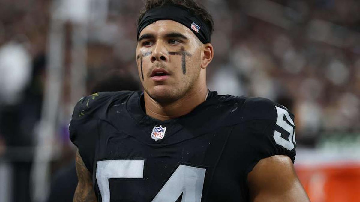  Sep 15, 2025; Paradise, Nevada, USA; Las Vegas Raiders linebacker Brennan Jackson at Allegiant Stadium. Mandatory Credit: Kiyoshi Mio-Imagn Images | Kiyoshi Mio-Imagn Images 