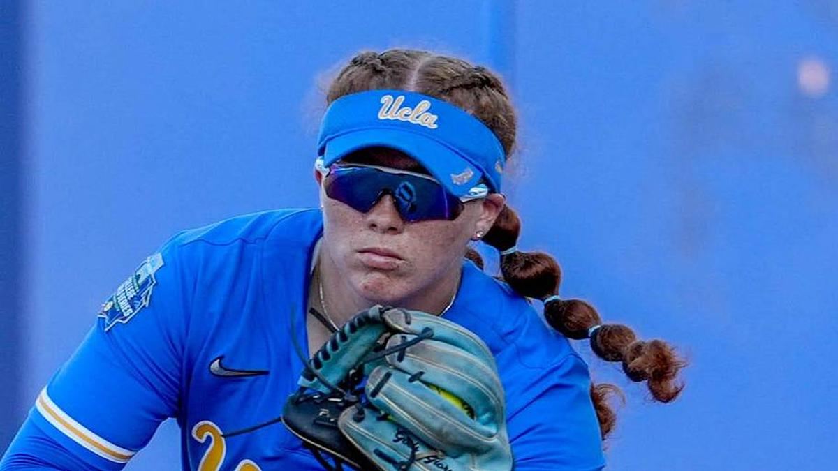  UCLA utility Megan Grant (43) forces out a runner at first in the fifth inning during a softball game between Texas Tech and UCLA at the Women's College World Series at Devon Park in Oklahoma City, on Saturday, May 31, 2025. | NATHAN J. FISH/THE OKLAHOMAN / USA TODAY NETWORK via Imagn Images 