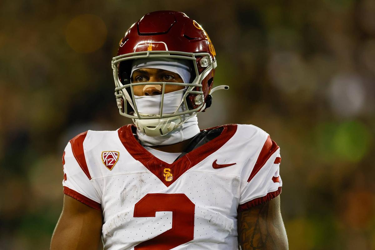  EUGENE, OREGON - NOVEMBER 11: Brenden Rice #2 of the USC Trojans on the field in the first half during a game against the Oregon Ducks at Autzen Stadium on November 11, 2023 in Eugene, Oregon. (Photo by Brandon Sloter/Image Of Sport/Getty Images) 