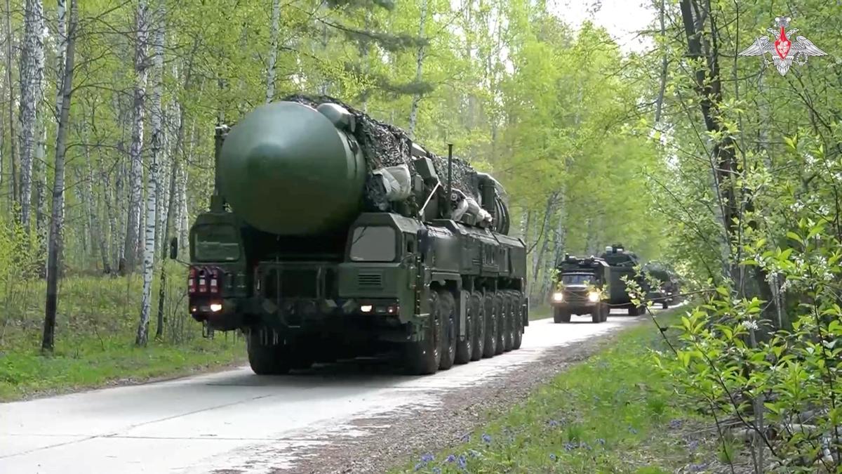 Russia's mobile strategic missile system unit drives during a nuclear forces exercise at an unidentified location in Russia, in this still image taken from handout footage released on May 21, 2026.  Russian Defence Ministry/Handout via REUTERS