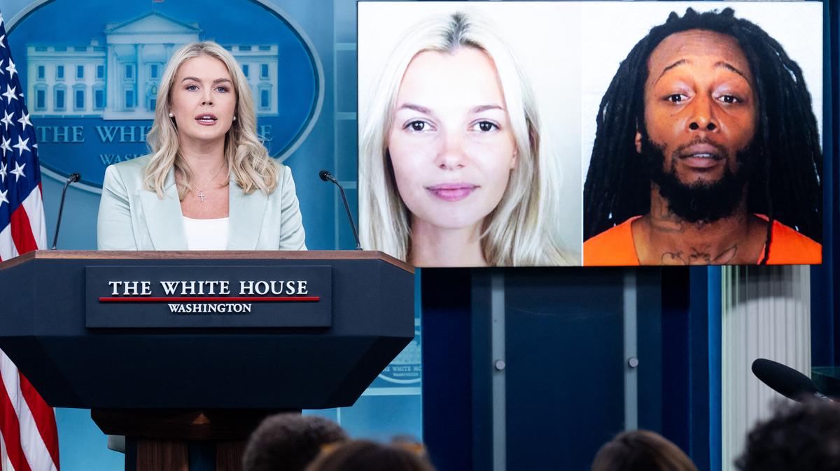 White House press secretary Karoline Leavitt speaks alongside a photo of Ukrainian refugee Iryna Zarutska, who was allegedly killed by Decarlos Brown Jr., right, on a light rail train in Charlotte, North Carolina. This occurred during a news briefing at the White House in Washington Sept. 9.