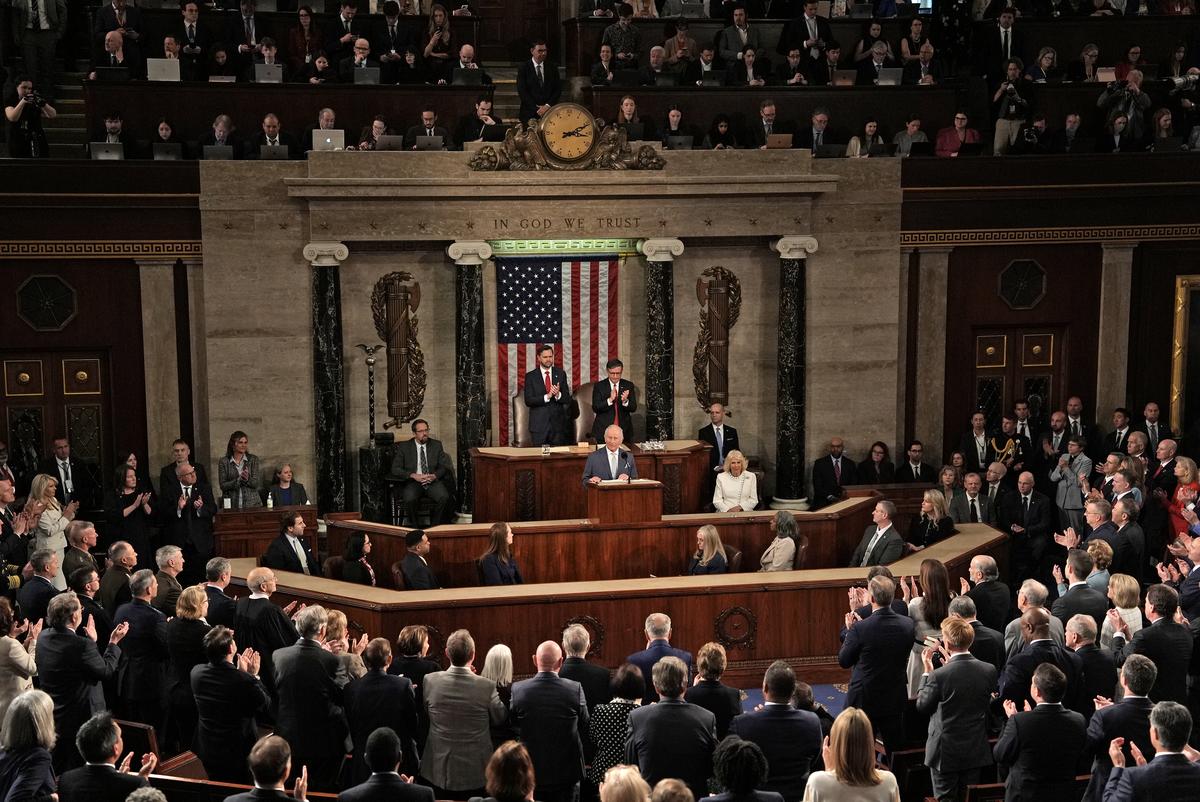 King Charles III addresses a joint meeting of Congress in honor of the 250th anniversary of American independence at the Capitol in Washington, on Tuesday, April 28, 2026. (Salwan Georges/The New York Times)