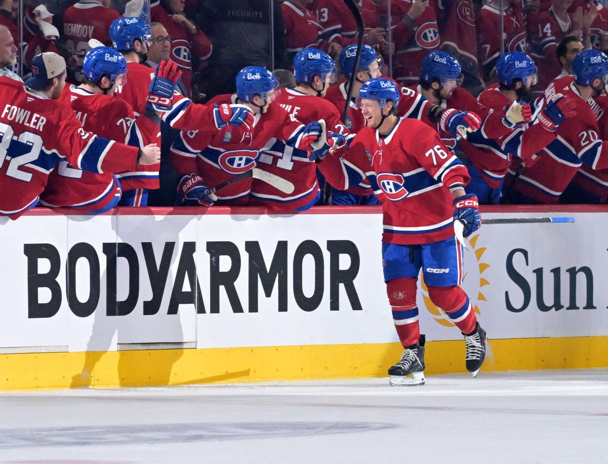  Montreal Canadiens forward Zack Bolduc (76) celebrates with teammates after scoring a goal against the Buffalo Sabres during the second period in game three of the second round of the 2026 Stanley Cup Playoffs at the Bell Centre. Eric Bolte-Imagn Images