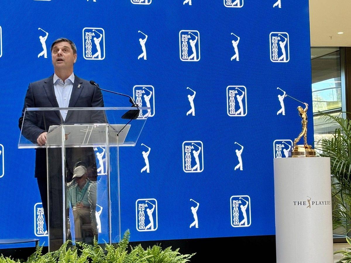  PGA Tour CEO Brian Rolapp addresses the media, tournament sponsors and Tour employees during a news conference on March 11 at the PGA Tour Global Home in Ponte Vedra Beach, Fla. 