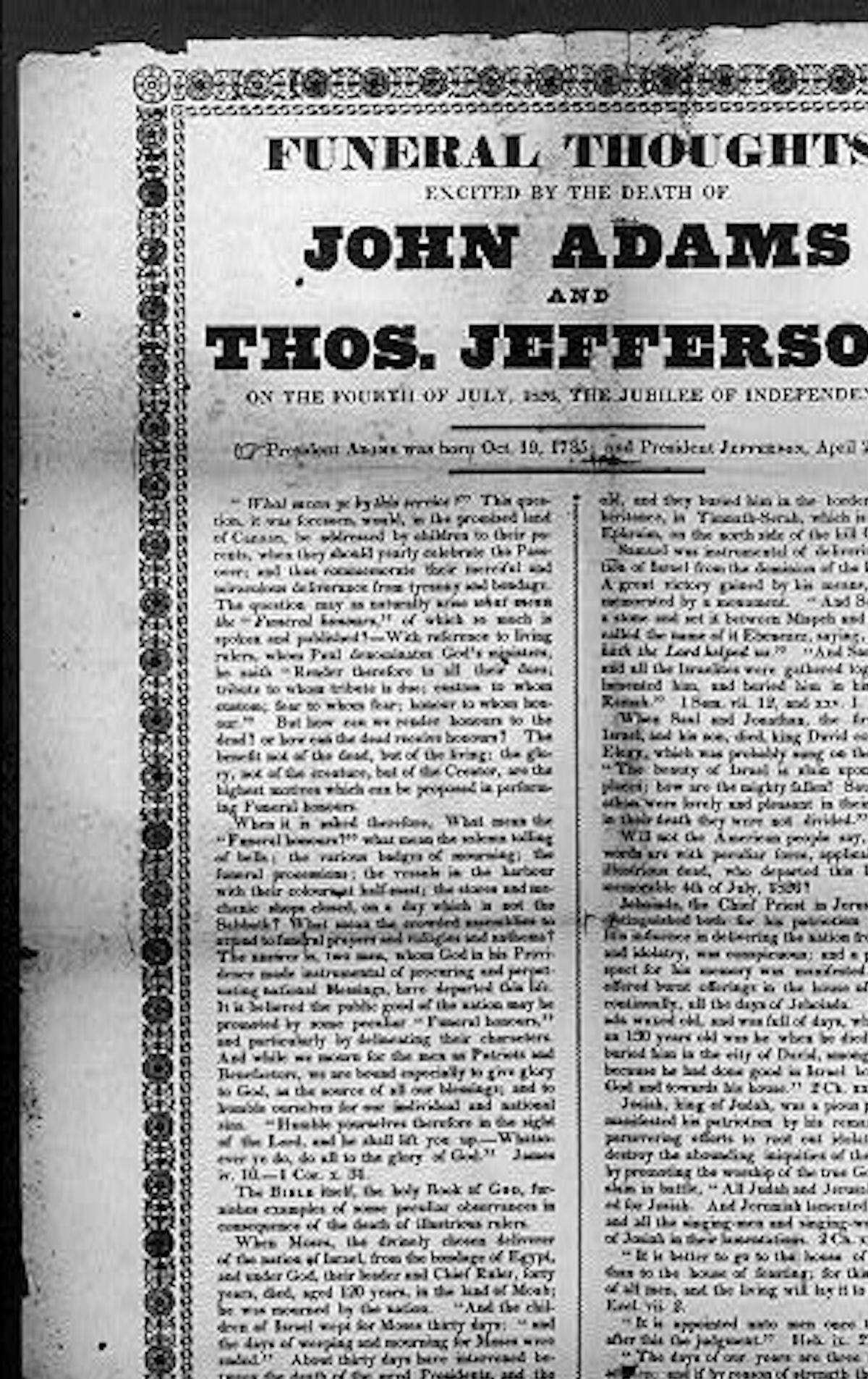  A broadside published in Boston following the deaths of John Adams and Thomas Jefferson on July 4, 1826. Library of Congress Printed Ephemera Collection 