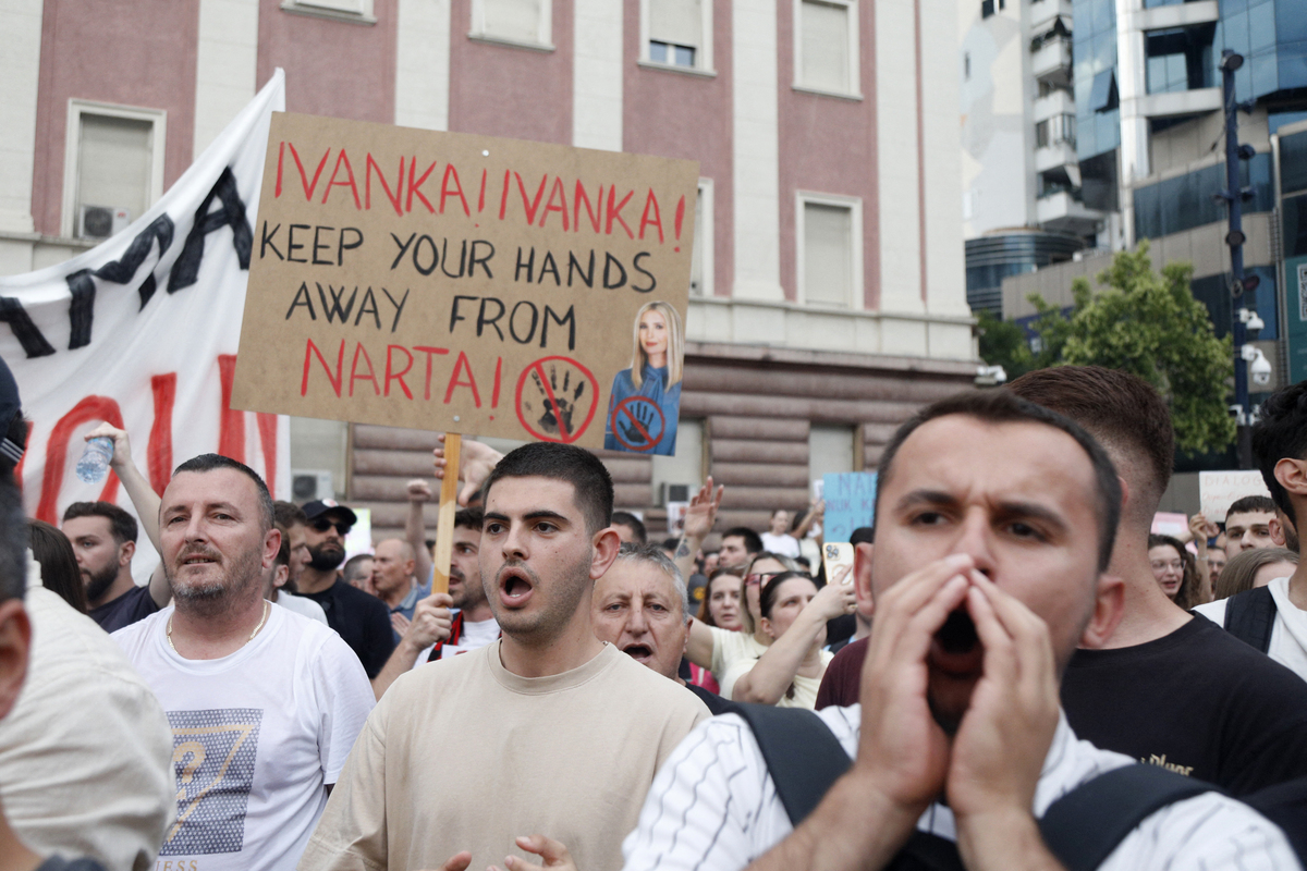  Protestors take part in a demonstration in front of the prime minister’s office, against the construction of a luxury resort near a protected natural area, in Tirana on June 3, 2026. Citizens demonstrate for the fourth day to demand transparency around a tourist complex project allegedly linked to the U.S. president’s son-in-law. (Photo by AFP via Getty Images) 