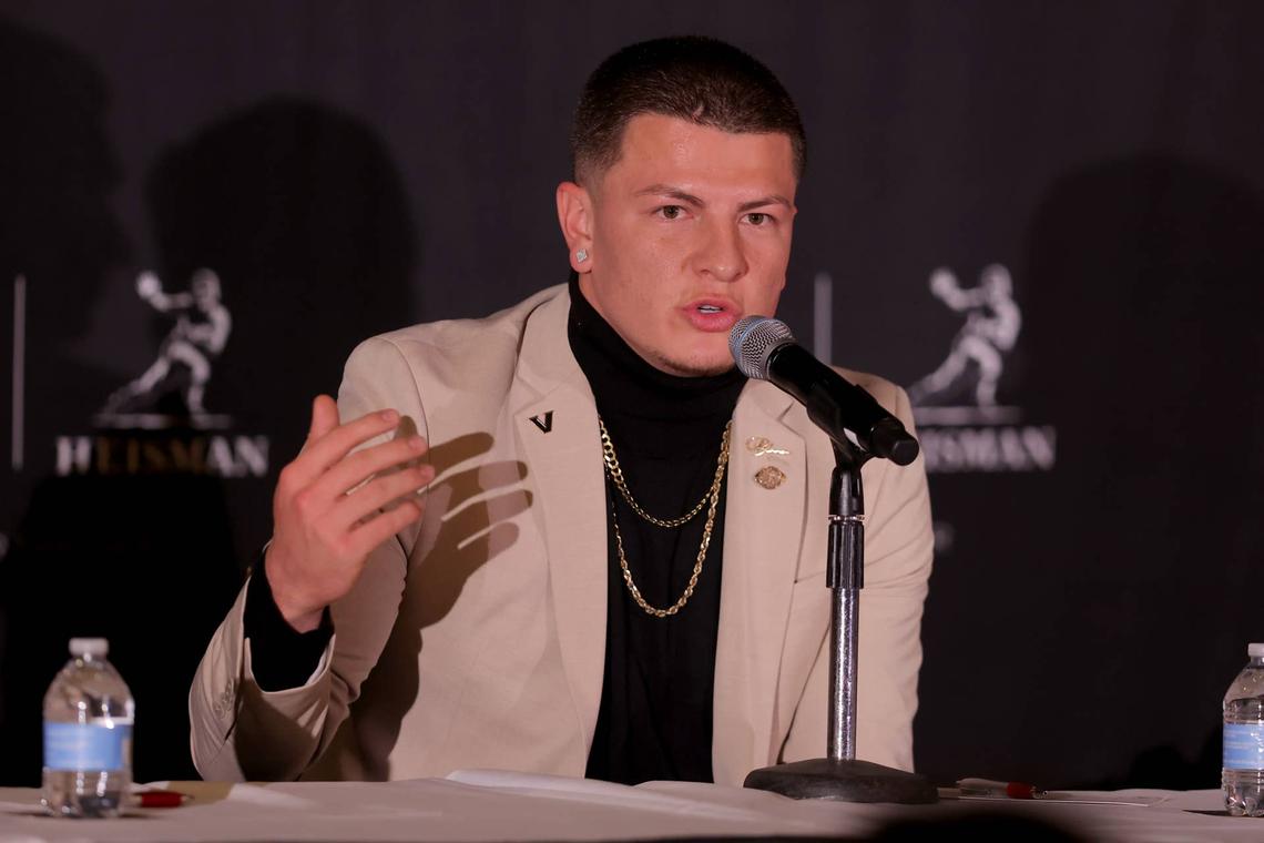  Dec 13, 2025; New York, NY, USA; Vanderbilt Commodores quarterback Diego Pavia speaks to the media during a press conference at the New York Marriott Marquis before the presentation of the Heisman trophy. Mandatory Credit: Brad Penner-Imagn Images 