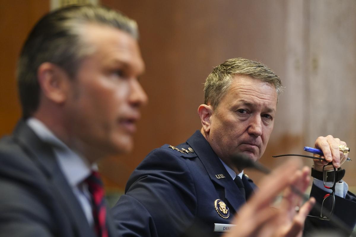 Gen. Dan Caine, the chairman of the Joint Chiefs of Staff, listens as Defense Secretary Pete Hegseth, left, testifies during a Senate Appropriations Subcommittee on Defense hearing on the Department of Defense's budget request on Capitol Hill in Washington, on Tuesday, May 12, 2026. (Tierney L. Cross/The New York Times)