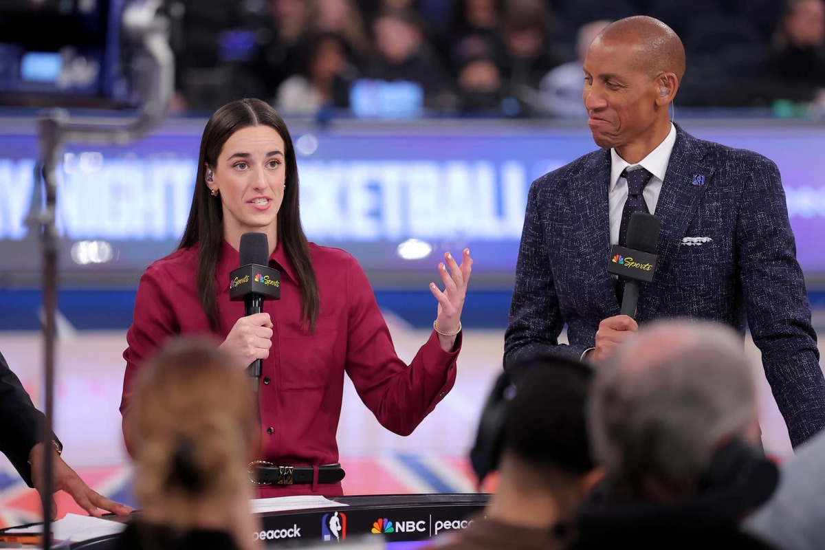  WNBA star Caitlin Clark (left) and former NBA player Reggie Miller broadcast for NBC at Madison Square Garden. Brad Penner-Imagn Images