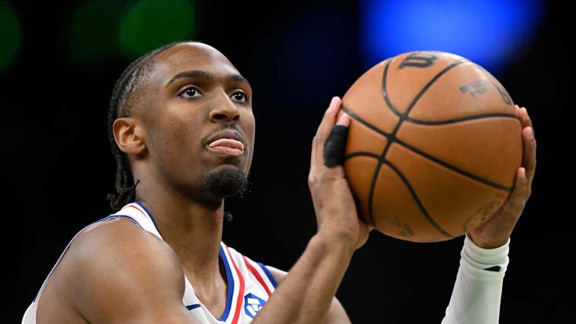  Apr 21, 2026; Boston, Massachusetts, USA; Philadelphia 76ers guard Tyrese Maxey (0) attempts a free-throw against the Boston Celtics in the first half of a game two of the first round of the 2026 NBA Playoffs at TD Garden. | Brian Fluharty-Imagn Images 