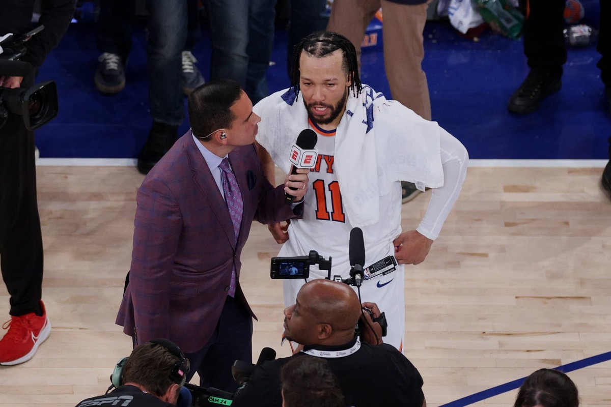  Jun 10, 2026; New York, New York, USA; New York Knicks guard Jalen Brunson (11) is interviewed after game four of the 2026 NBA Finals against the San Antonio Spurs at Madison Square Garden. Mandatory Credit: Vincent Carchietta-Imagn Images 