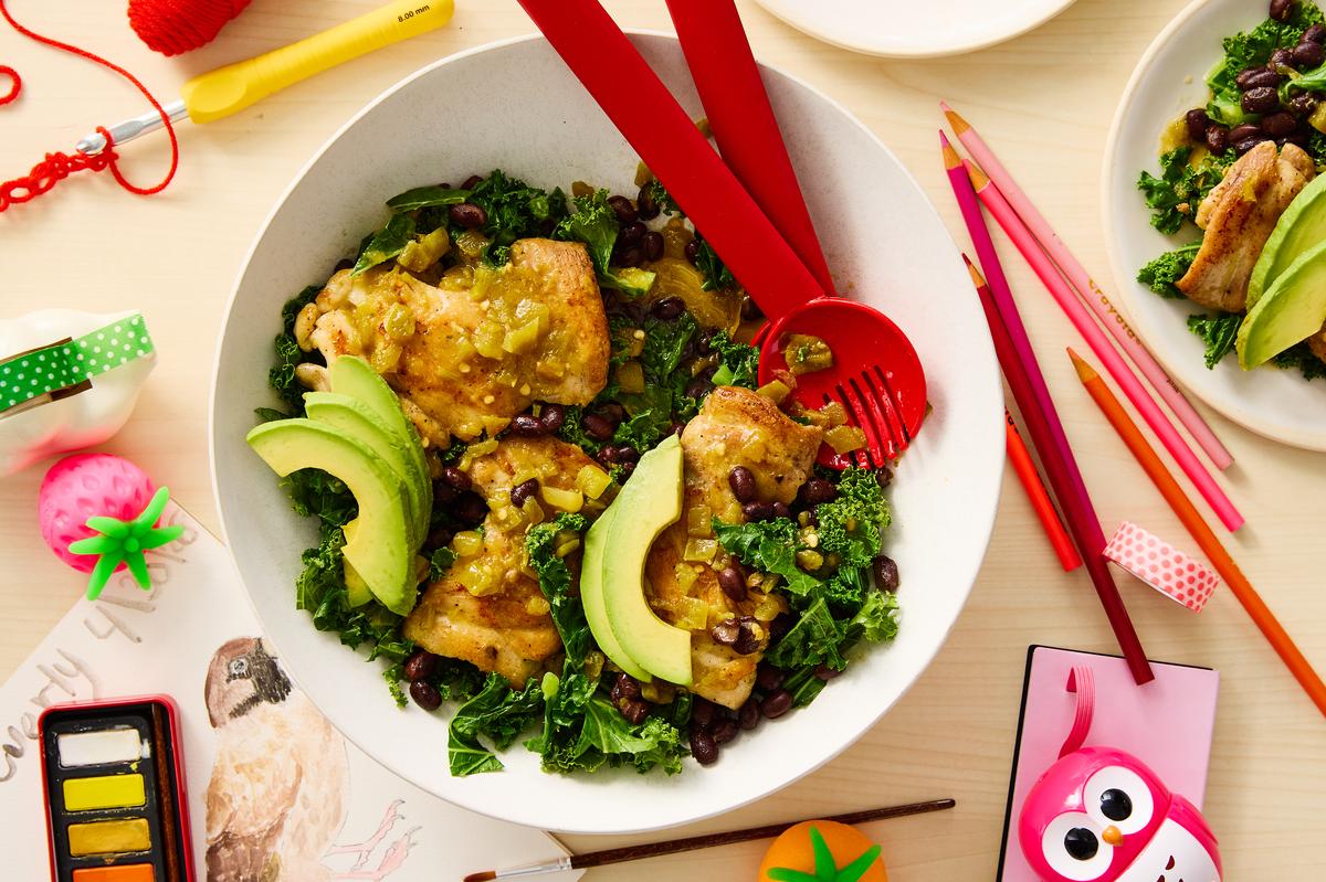 Chicken and Kale Hatch Chile Bowl. End-of-school year chaos has arrived. These 20-minute (or less) meals will get you cooking through it. Food styled by Monica Pierini. Prop styled by Megan Hedgpeth. (Ryan Liebe/The New York Times)