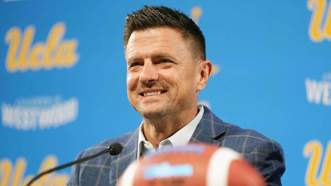  Dec 9, 2025; Los Angeles, CA, USA; Bob Chesney is introduced as UCLA Bruins football coach at press conference at Renee Luskin Conference Center Centennial Ballroom. Mandatory Credit: Kirby Lee-Imagn Images | Kirby Lee-Imagn Images 