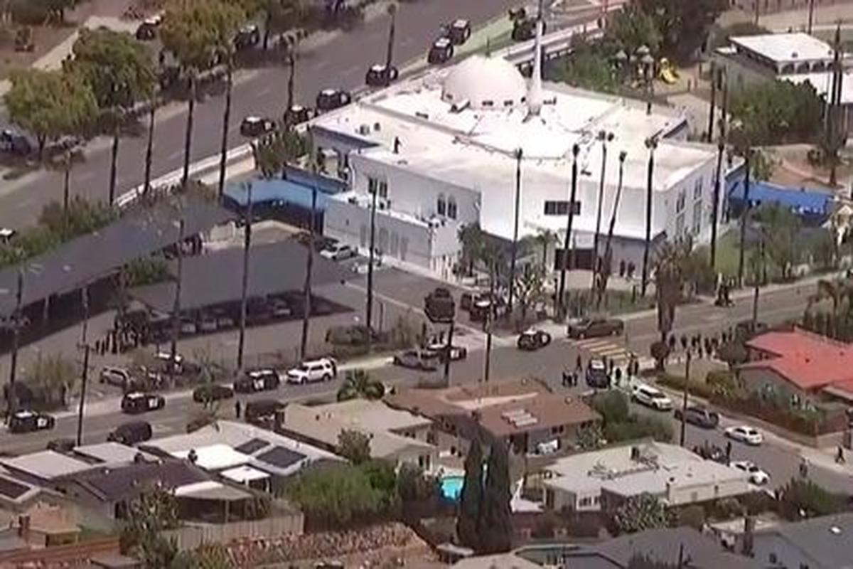 Police vehicles crowd nearby streets after an "active shooter situation" was reported at the Islamic Center in the Clairemont community of San Diego, California, U.S. May 18, 2026 in a still image from aerial video.  ABC Affiliate KGTV via REUTERS