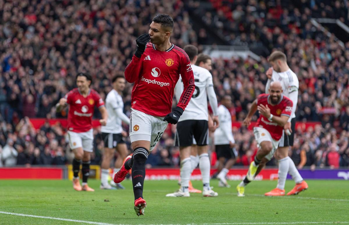  Casemiro celebrates after scoring the first goal during the Premier League match between Manchester United and Fulham at Old Trafford. Visionhaus/Getty Images