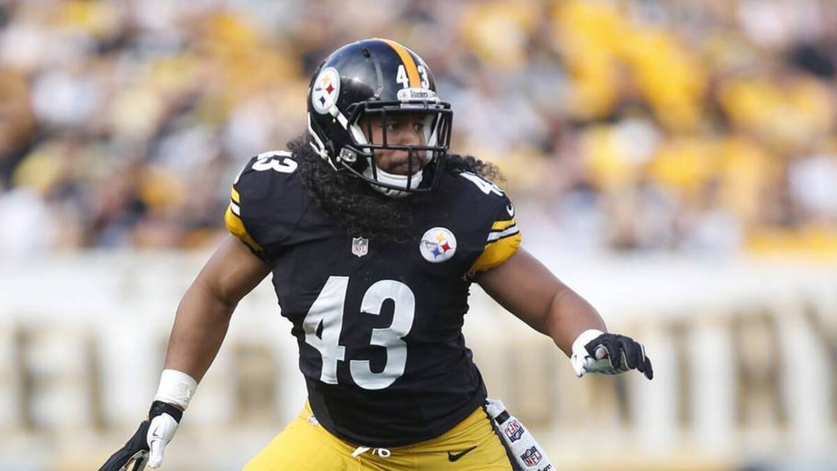  Sep 28, 2014; Pittsburgh, PA, USA; Pittsburgh Steelers strong safety Troy Polamalu (43) drops into pass coverage against the Tampa Bay Buccaneers during the fourth quarter at Heinz Field. The Buccaneers won 27-24. Mandatory Credit: Charles LeClaire-USA TODAY Sports | IMAGN IMAGES via Reuters Connect 