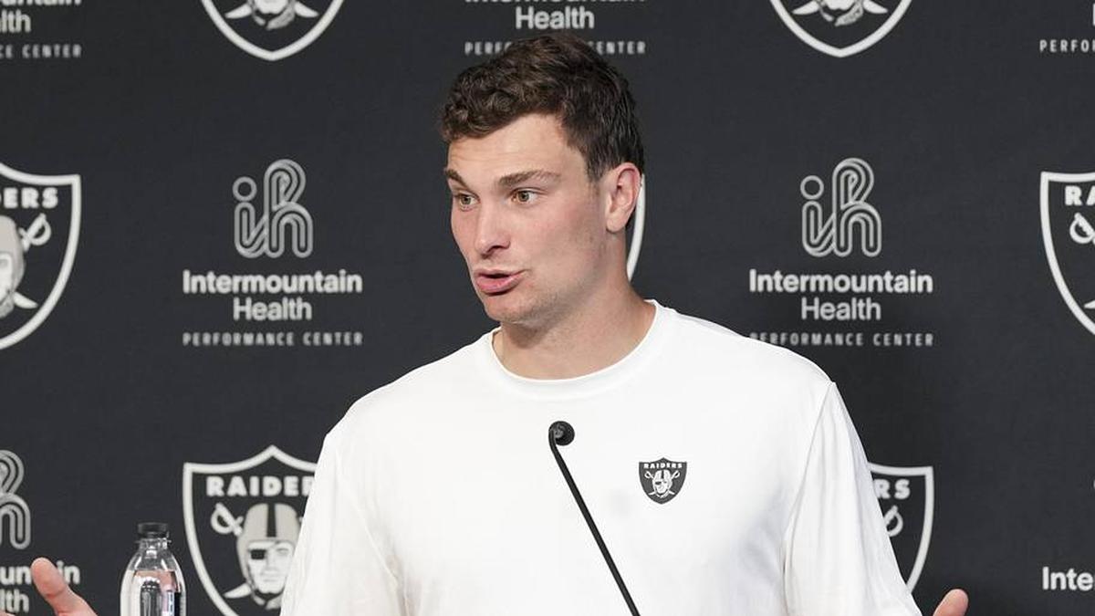  May 2, 2026; Henderson, NV, USA; Las Vegas Raiders quarterback Fernando Mendoza (15) speaks during a news conference at the team's Rookie Minicamp at Intermountain Health Performance Center. Mandatory Credit: Candice Ward-Imagn Images | Candice Ward-Imagn Images 