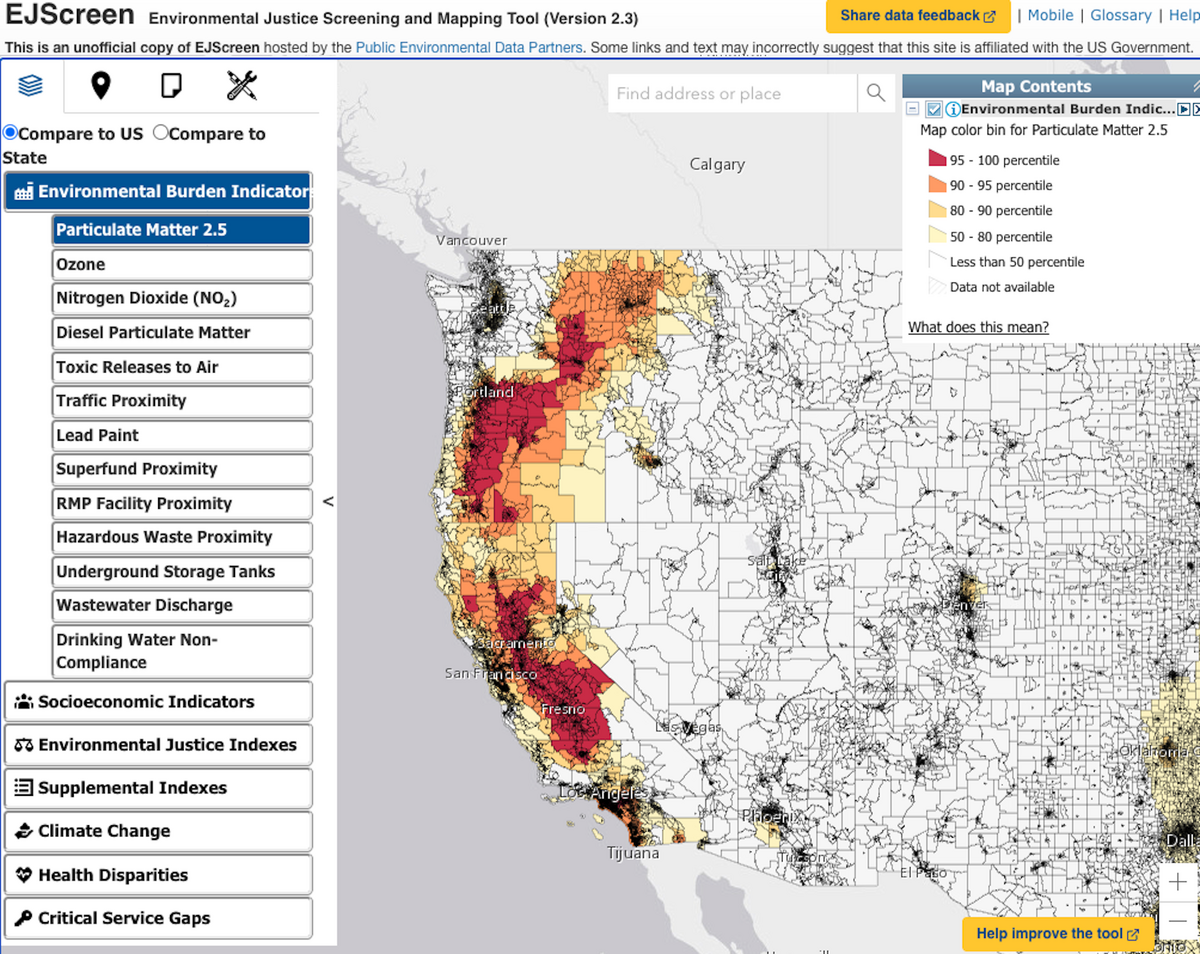  Mapping pollution by specific location can identify people and places that may need more or less attention than others. Note: Data depicted is not current. EJScreen v2.3 hosted by the Public Environmental Data Partners 