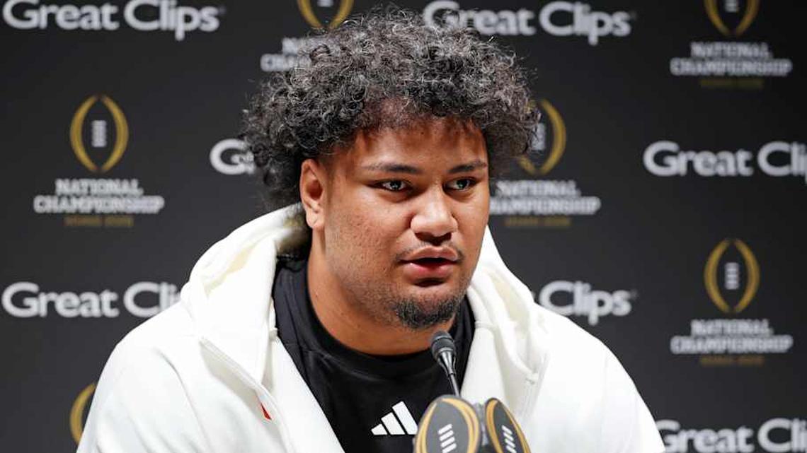  Jan 17, 2026; Miami Gardens, FL, USA; Miami Hurricanes offensive lineman Francis Mauigoa (61)talks to the media during media day for the 2025 College Football Playoff National Championship at Miami Beach Convention Center. Mandatory Credit: Nathan Ray Seebeck-Imagn Images | Nathan Ray Seebeck-Imagn Images 