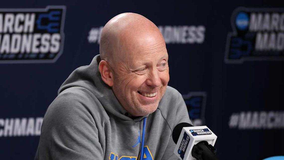  Mar 19, 2026; Philadelphia, PA, USA; UCLA Bruins head coach Mick Cronin speaks with the media before a practice session ahead of the first round of the men's 2026 NCAA Tournament at Xfinity Mobile Arena. Mandatory Credit: Bill Streicher-Imagn Images | Bill Streicher-Imagn Images 