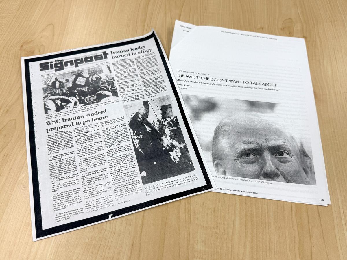  At a Weber State University dialogue event to discuss the conflict in Iran, conversation between students, faculty and staff centers on a recently published New Yorker article and a story that was published in the student newspaper in 1979. Credit: Olivia Sanchez/The Hechinger Report