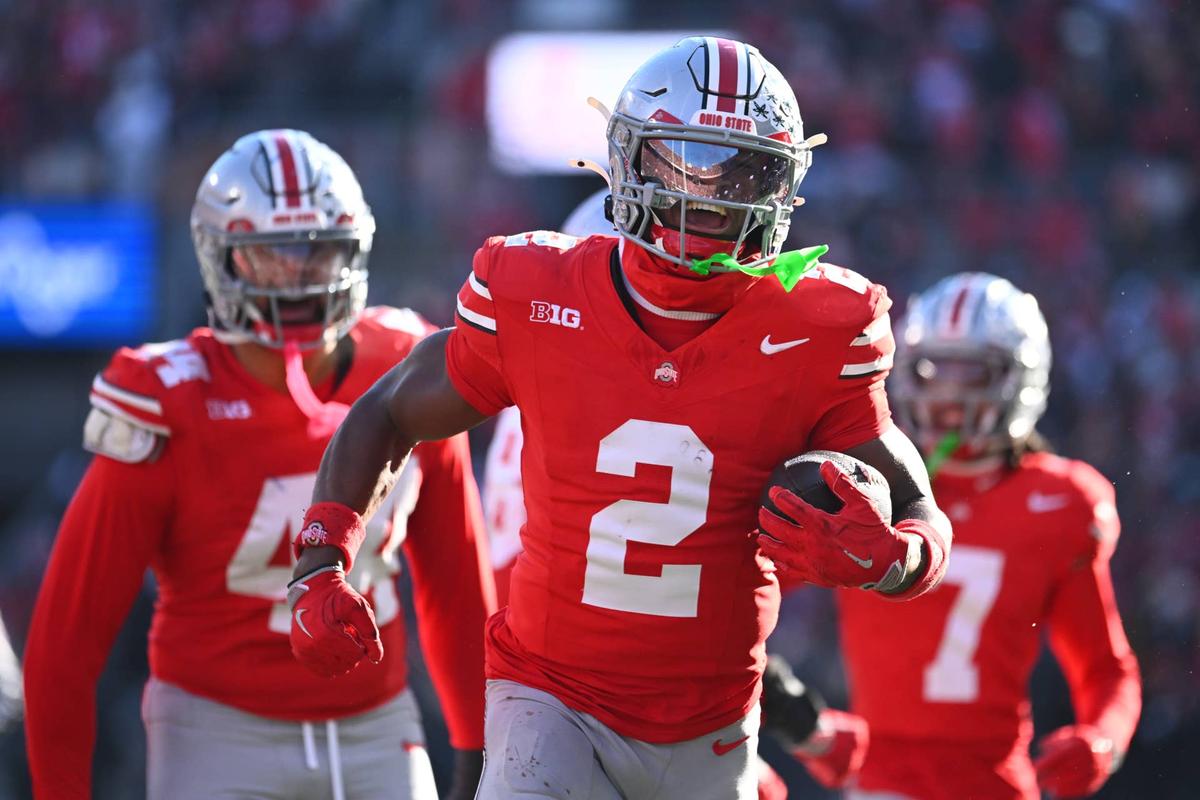  COLUMBUS, OHIO - NOVEMBER 30: Caleb Downs #2 of the Ohio State Buckeyes reacts after intercepting the ball during the third quarter of a game against the Michigan Wolverines at Ohio Stadium on November 30, 2024 in Columbus, Ohio. (Photo by Ben Jackson/Getty Images) 